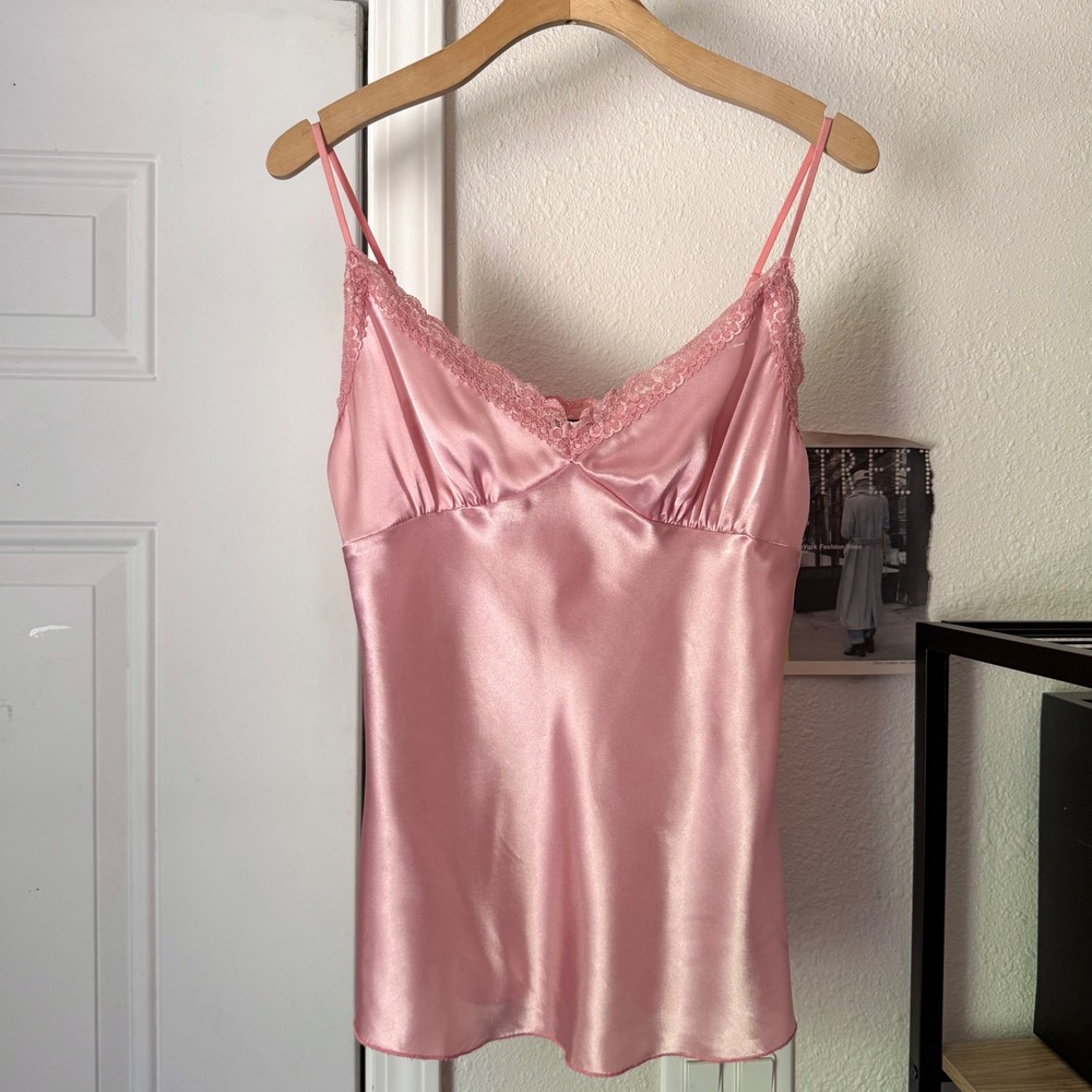 VINTAGE Y2K pink satin lace trim paper tag 90's cami cropped tank top